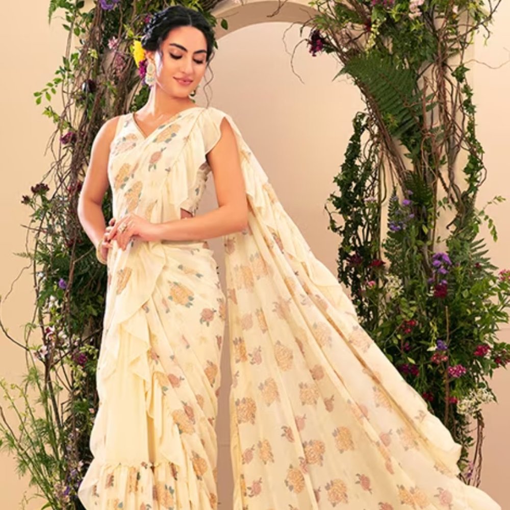 Ivory Boota Print Ruffled Pre-Stitched Saree With Blouse